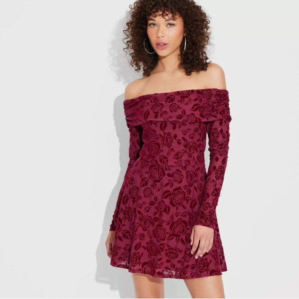 NWT Wild Fable Burgundy Embossed Rose dress